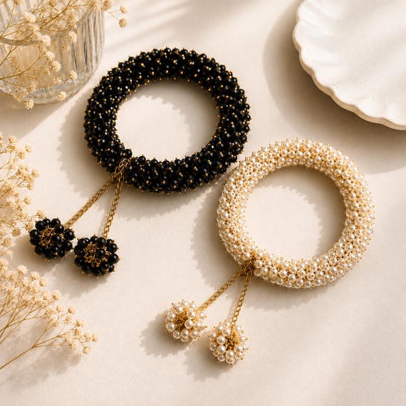 Black and Pearl Pom Charm Bracelet